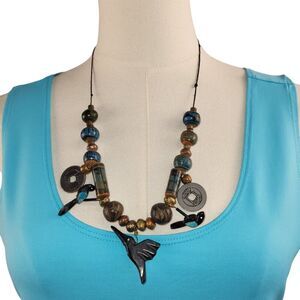 NEW Hummingbird Beaded Necklace Handmade in USA Blue Teal Copper 12 inch Drop